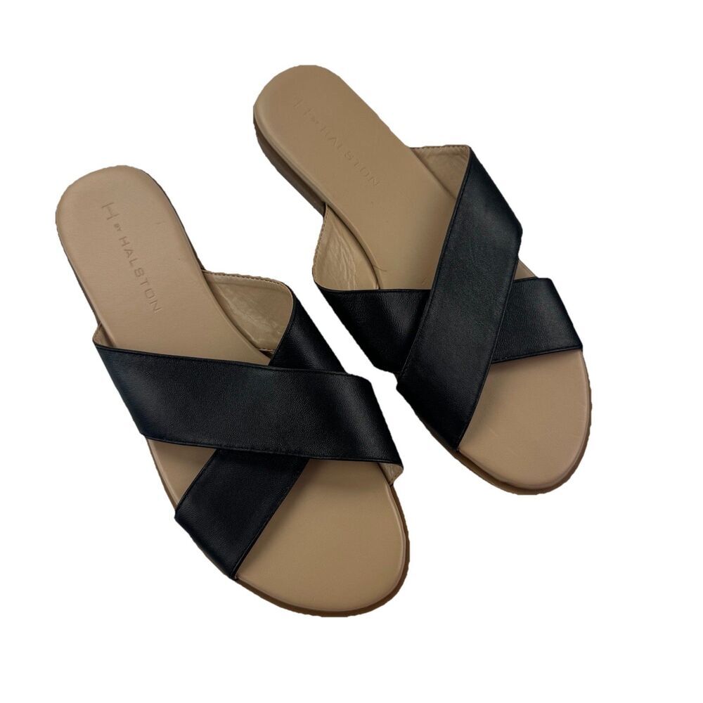 H by Halston Black Leather Slide Sandals Women’s 7.5 Crossover Straps